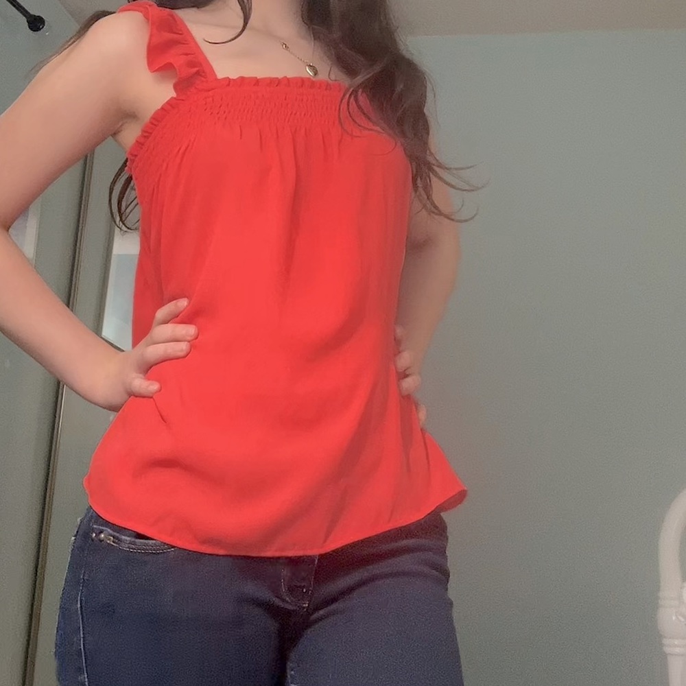 orange flowy modest top